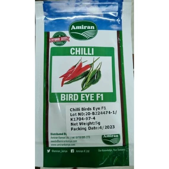 A seed packet for Amiran Chilli Bird Eye F1 hybrid seeds, featuring an illustration of red and green chili peppers.