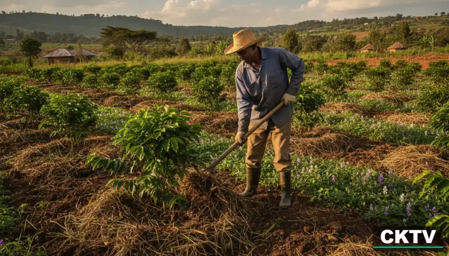 A male farmer wearing a straw hat and rubber boots works in a field, using a tool to spread mulch around the base of a plant.