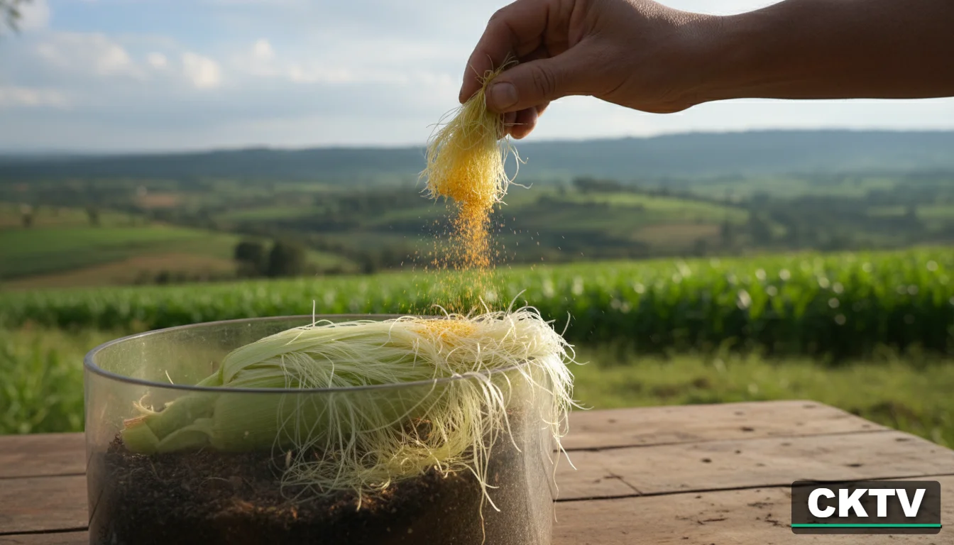 A person's hand gently tapping a yellow maize tassel