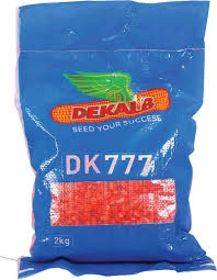 A 2kg blue bag of Dekalb DK777 maize seeds, featuring the brand's winged corn logo and a window showing red-treated seeds.