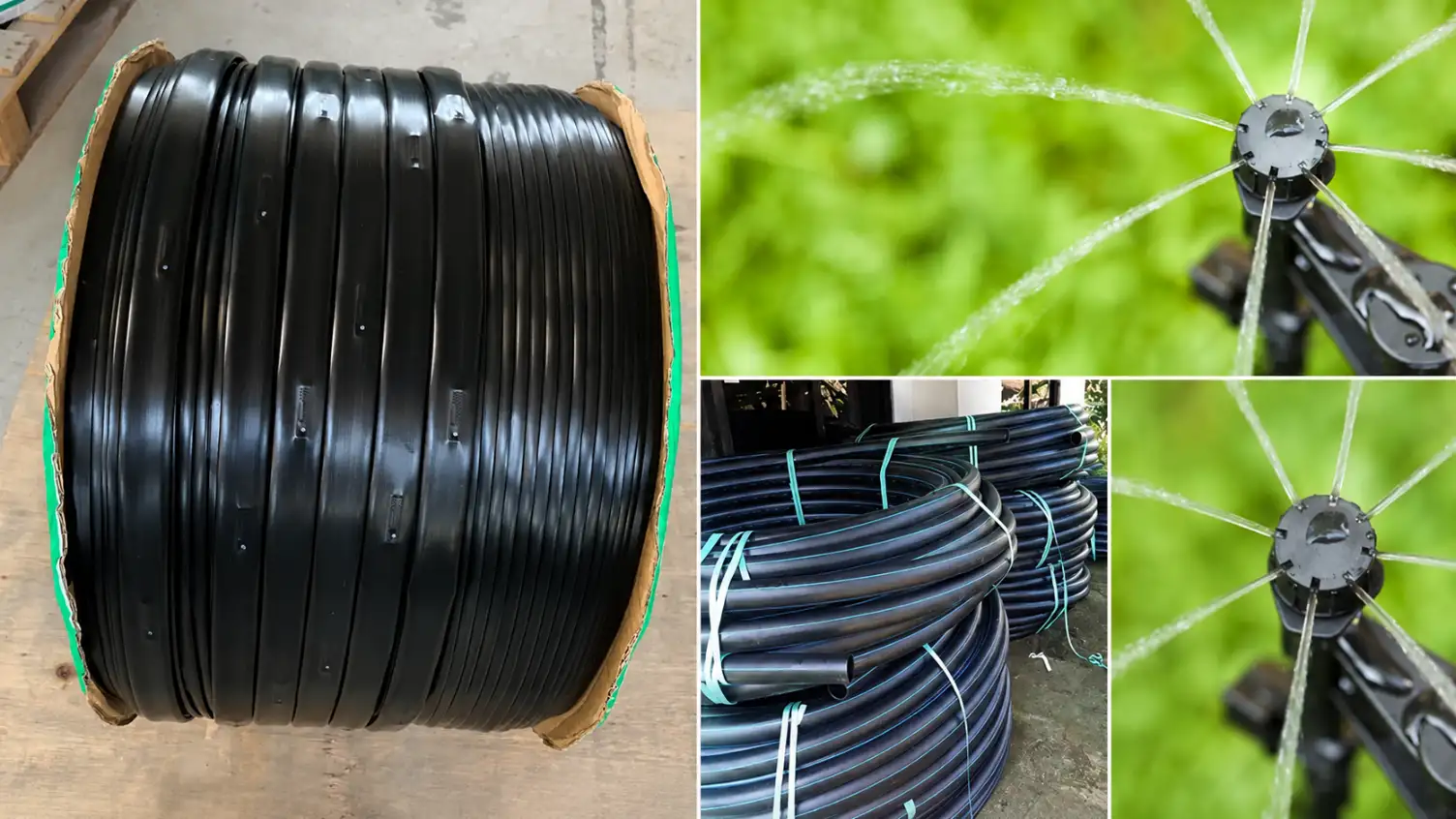 A collage featuring a large roll of black drip irrigation tape, several stacks of irrigation tubing, and close-up views of circular emitters spraying multiple streams of water.