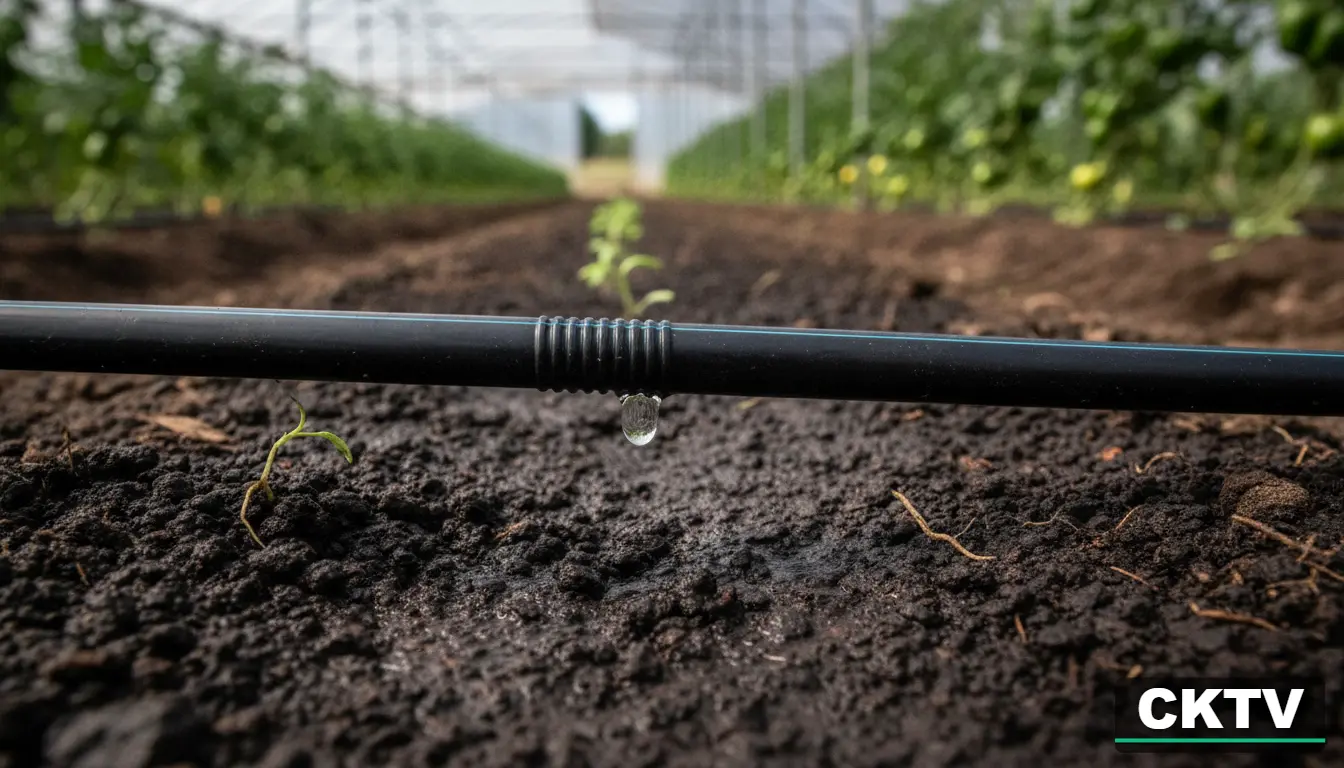 A detailed close-up of a 16mm drip tape emitter releasing a single drop of water onto black soil