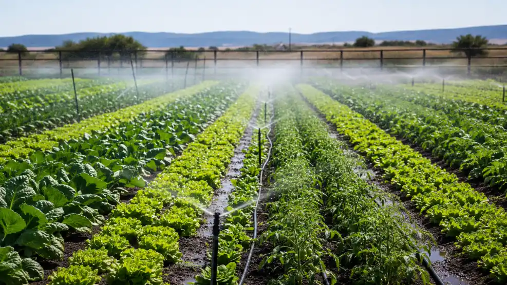 Rows of diverse green vegetable crops are being watered by an overhead irrigation system in a field with distant hills under a clear sky.