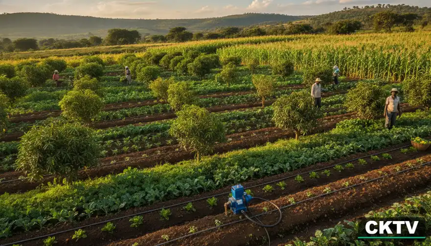 A wide-angle cinematic shot of a thriving agroforestry farm featuring rows of fruit trees interspersed with leafy green vegetables and maize