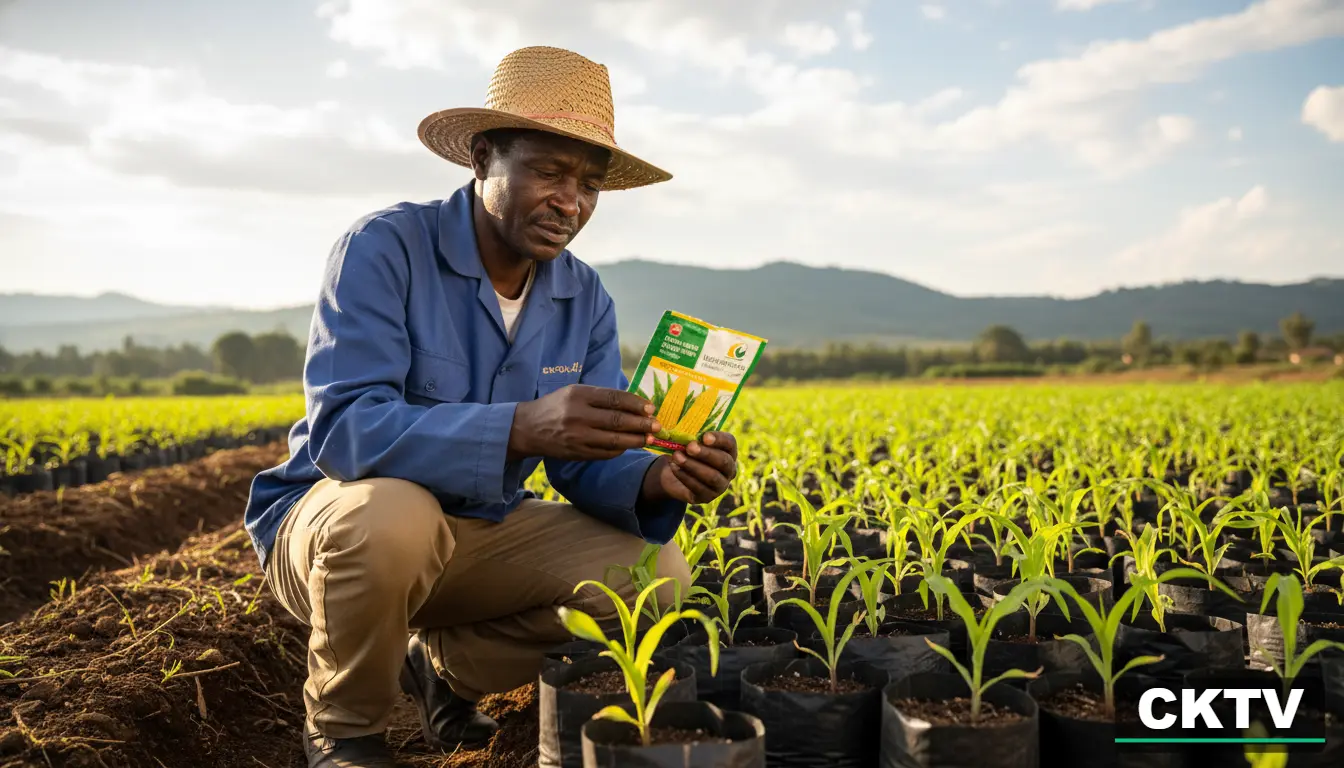 A farmer examining a packet of certified hybrid maize seeds next to a row of germinating seedlings in black plastic grow bags