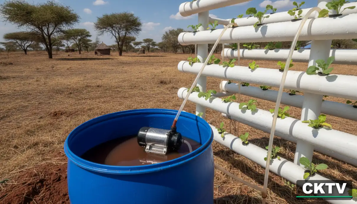 A close-up of a hydroponic reservoir with a submersible pump and clear plastic tubing