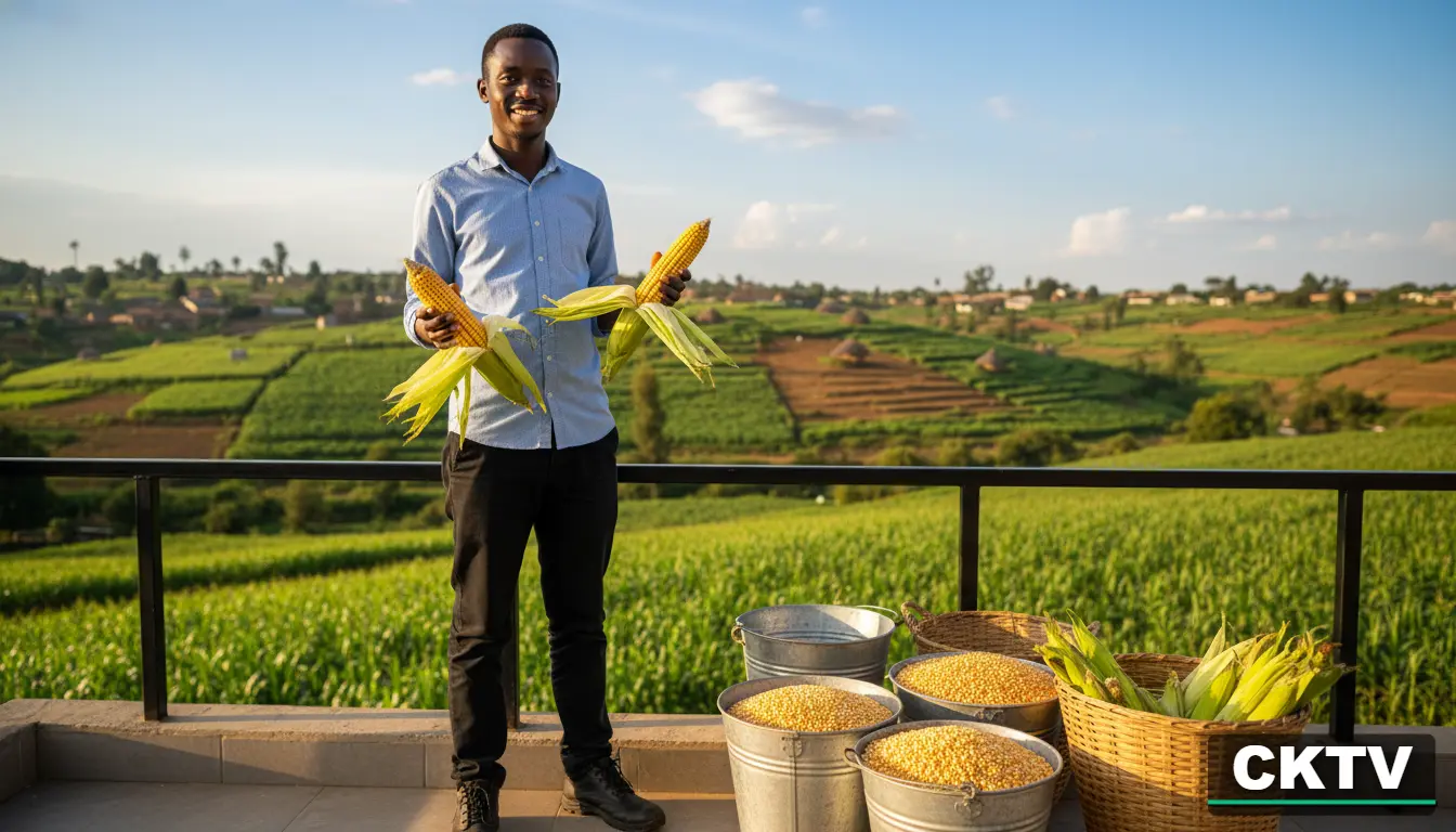 A proud young Kenyan man standing on his balcony next to several buckets of mature maize