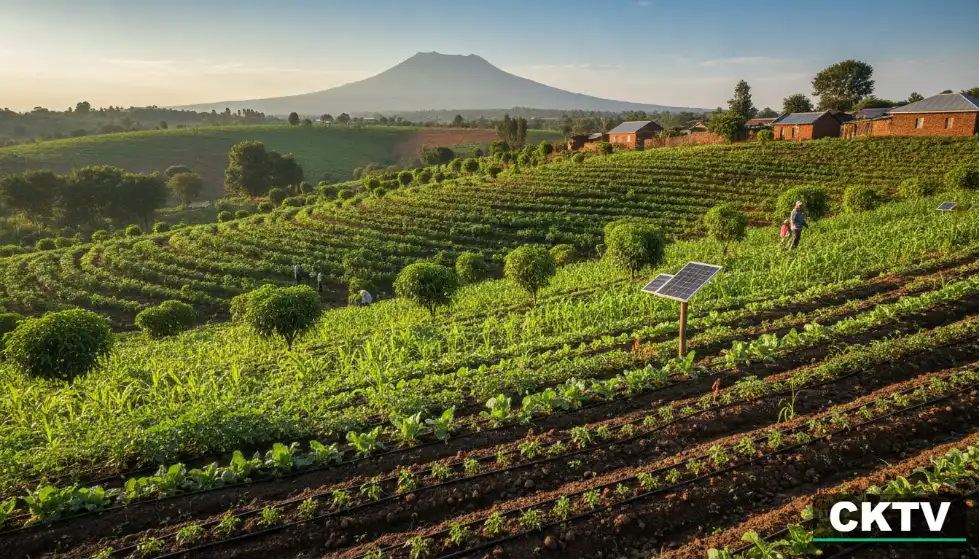 A cinematic wide-angle view of a diverse Kenyan farm in Nakuru County featuring lush green terraces