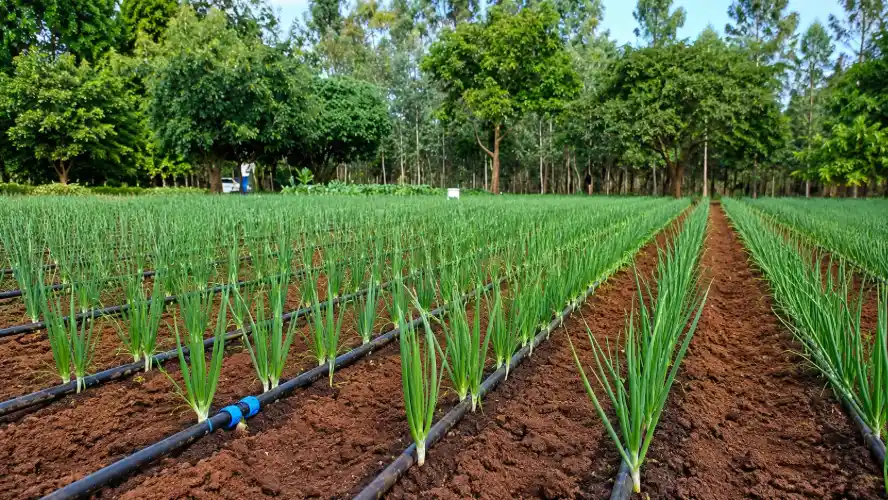 Healthy green onions growing in long rows with drip irrigation pipes across a well-maintained farm field, surrounded by lush trees in the background.