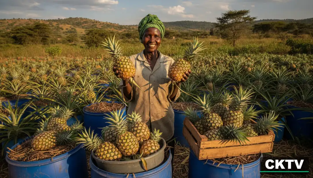 A successful woman farmer in a green headwrap proudly holding two large
