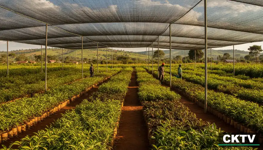 A wide-angle view of a modern Kenyan fruit tree nursery with thousands of newly grafted seedlings under a 50 percent shade net
