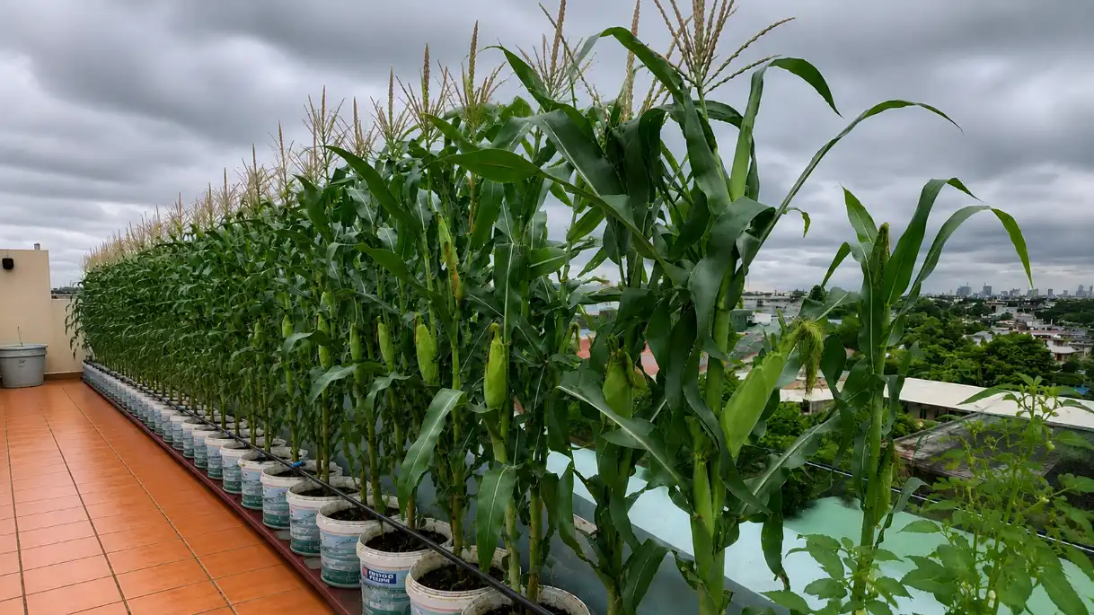 A row of tall corn plants grows in white buckets along the edge of a rooftop patio, overlooking a city under a cloudy sky.