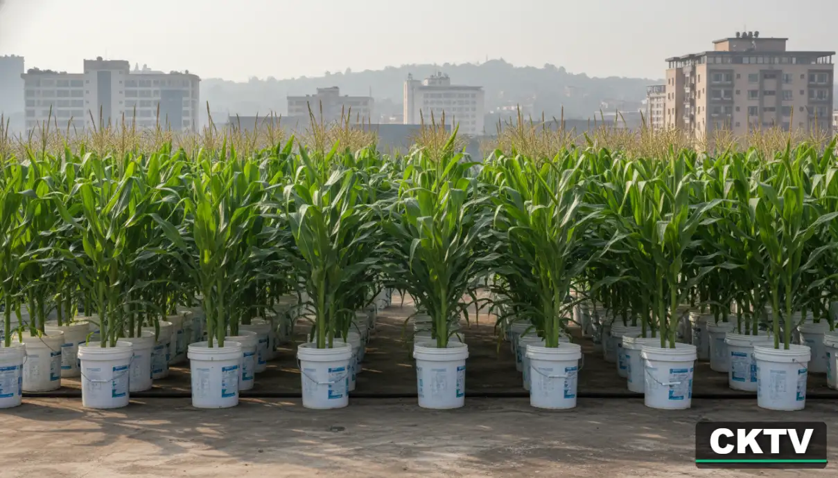 Lush corn plants grow in rows of white buckets on an urban rooftop with city buildings in the background.