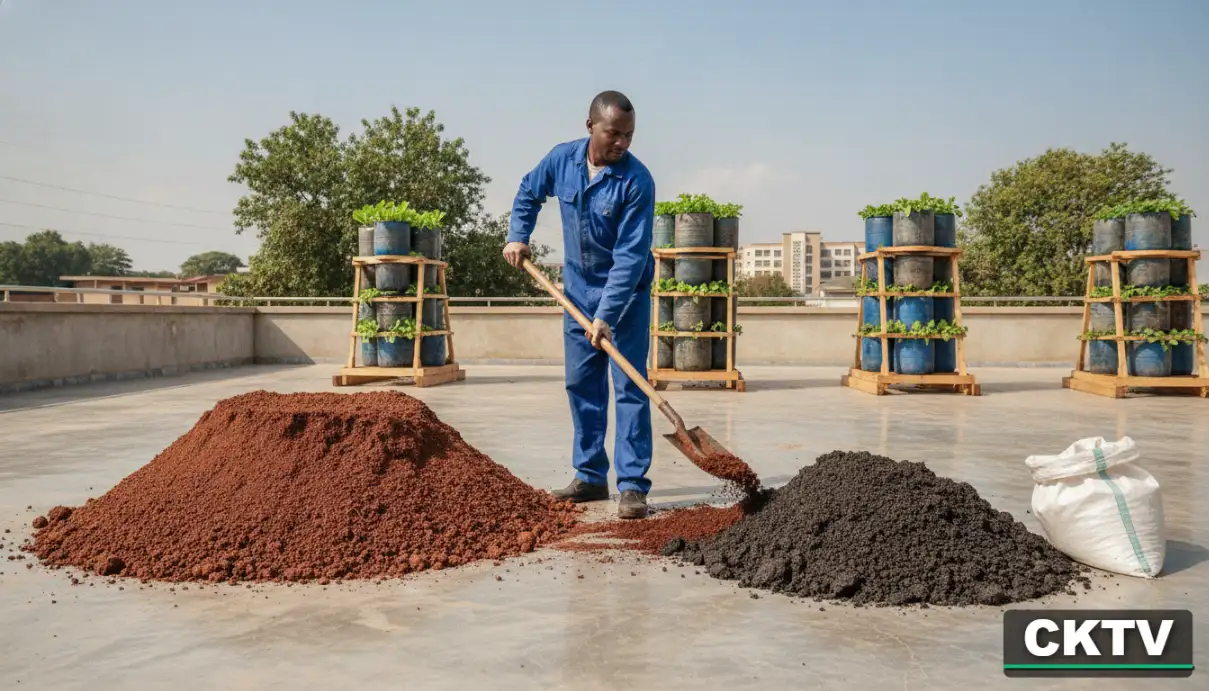 A Kenyan agropreneur in a blue overall using a shovel to mix red volcanic soil with dark organic manure on a clean concrete floor
