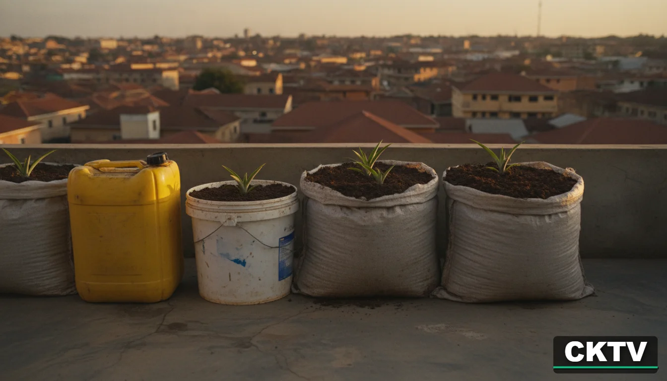 A close up shot of various recycled containers including a 20L yellow jerrycan