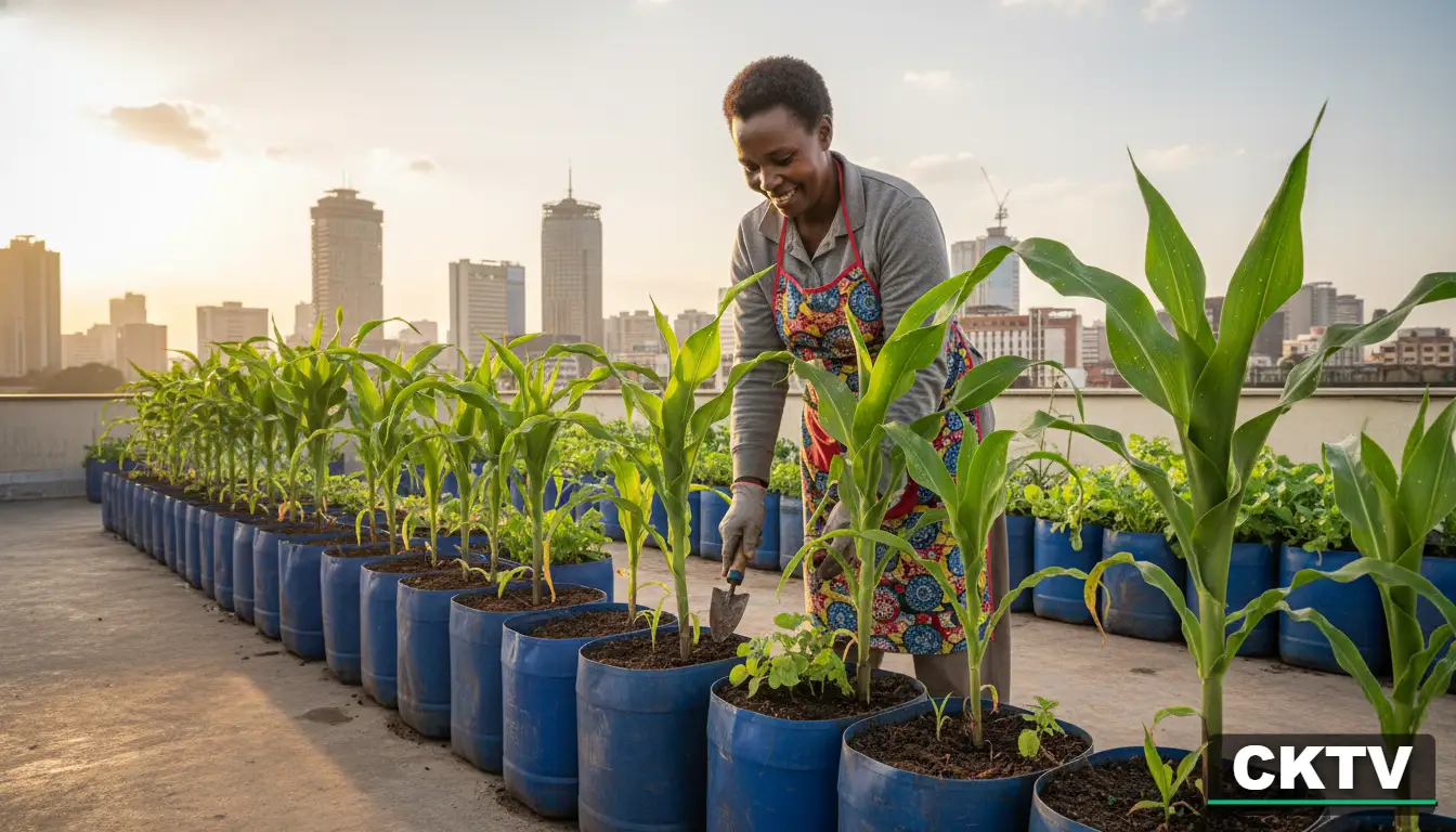 A smiling woman tends to corn plants growing in blue plastic barrels on a rooftop garden with an urban city skyline in the background.