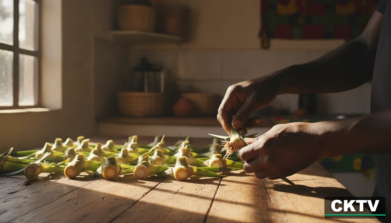 A person's hands carefully stripping the bottom leaves of a pineapple crown to reveal the small root nodules