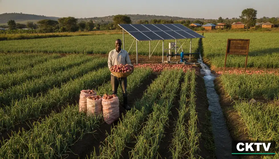 A smiling farmer stands in an onion field holding a basket of red onions next to a solar-powered irrigation system.