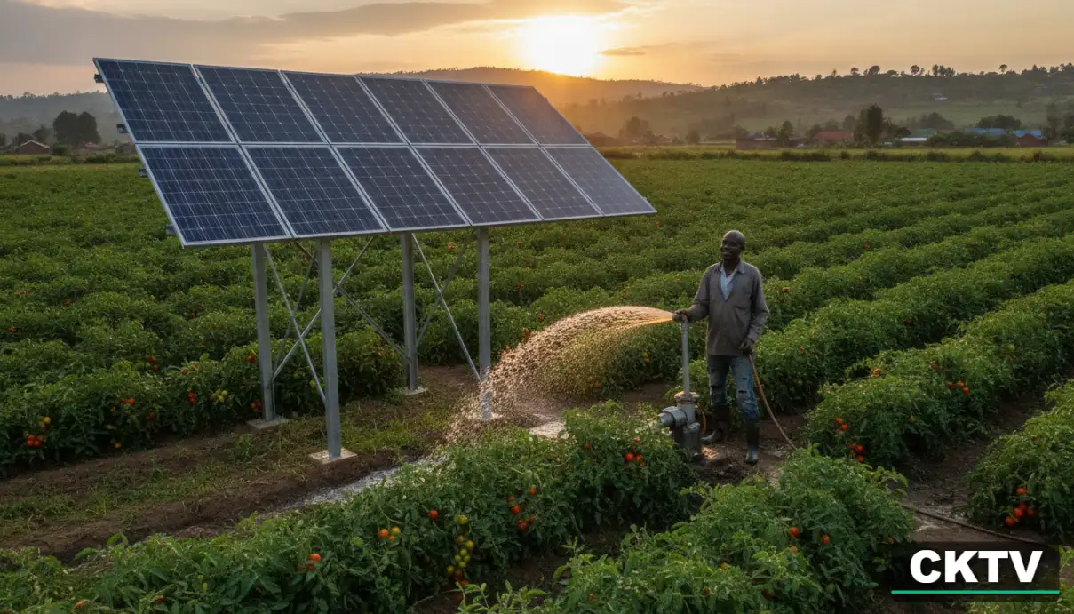A farmer uses a solar-powered irrigation system to water a field of crops under a setting sun.