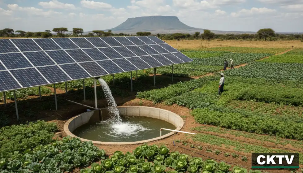 A solar-powered irrigation system pours water into a circular tank on a thriving vegetable farm with workers and a flat-topped mountain in the background.