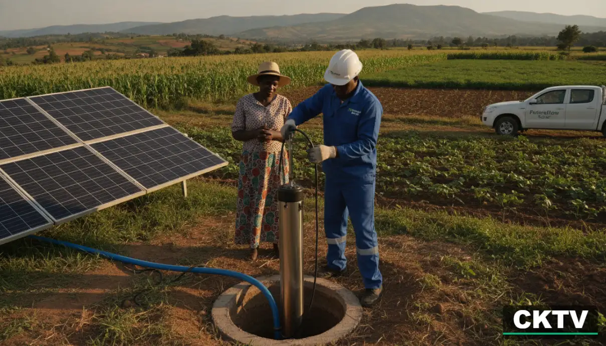A man in a blue uniform and hard hat installs a solar-powered water pump in a rural field while a woman watches.