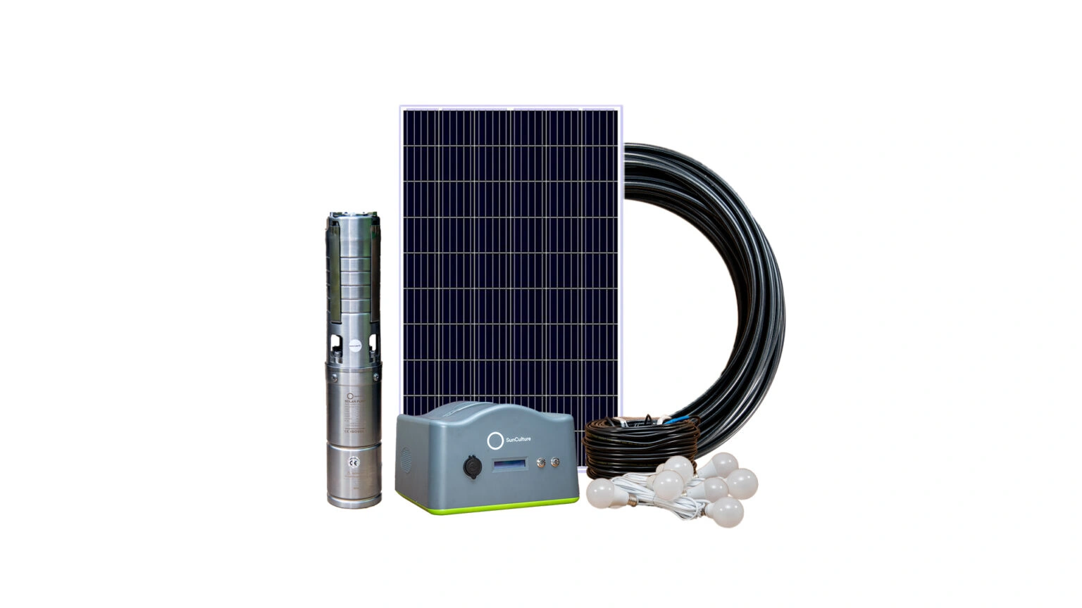 A solar-powered irrigation system kit consisting of a solar panel, a submersible water pump, a controller, piping, and LED bulbs.