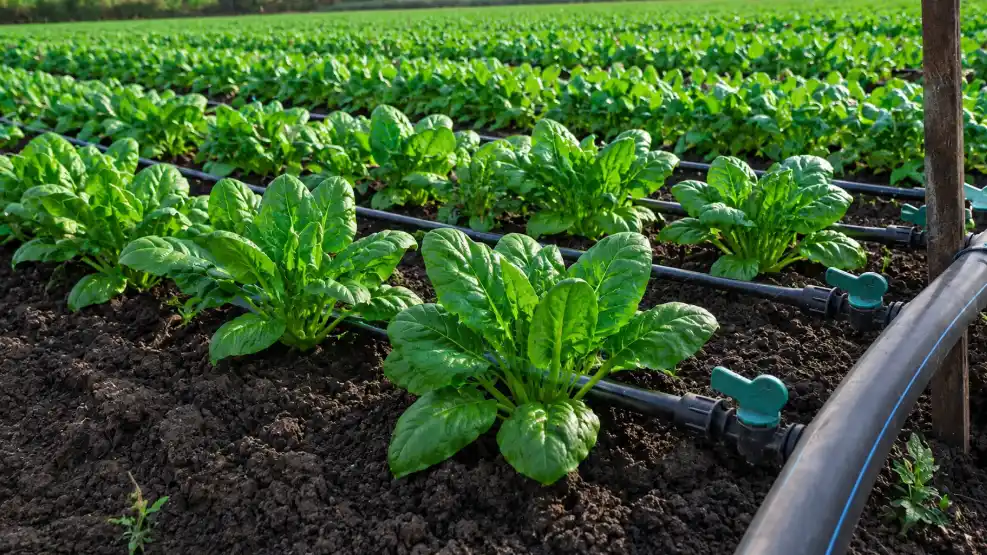 Healthy spinach growing in neat rows beside black drip irrigation pipes in a cultivated field.