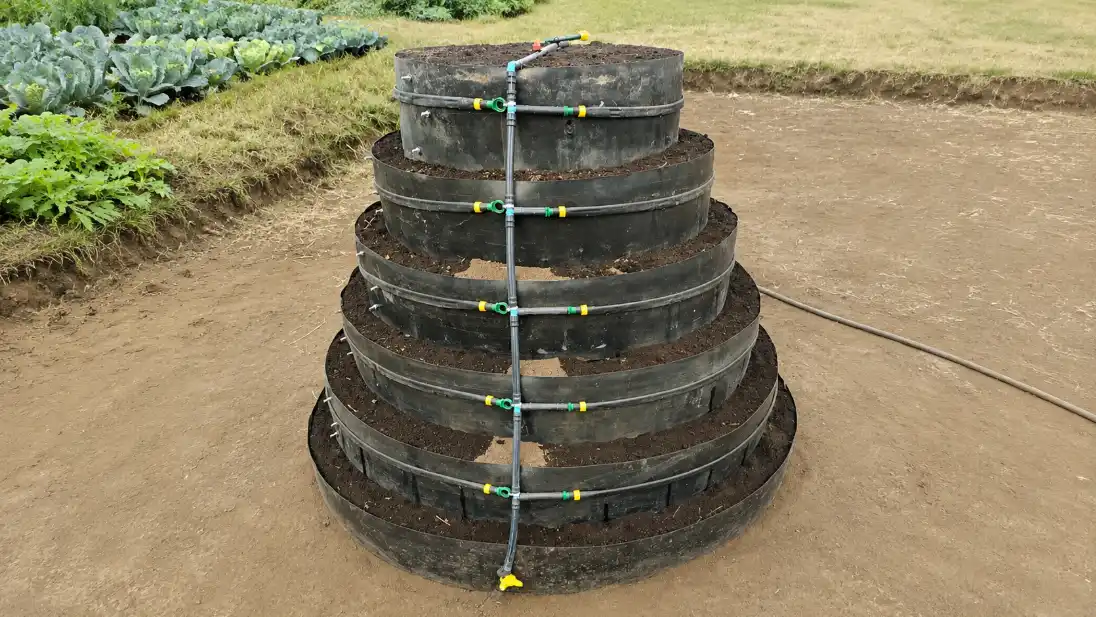 A tiered vertical garden tower with black plastic rings and an attached drip irrigation pipe for watering.