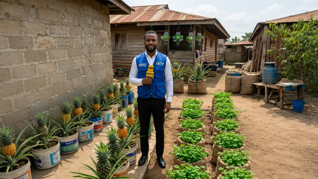 A smiling reporter wearing a blue "PRESS" vest stands in an outdoor garden between rows of pineapples growing in buckets and leafy greens in sacks.