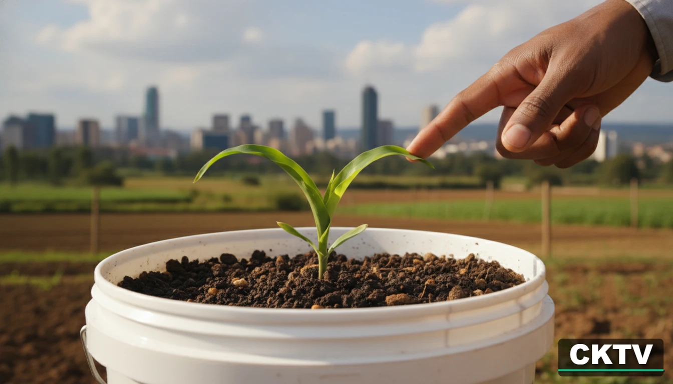A person's hand touches a young green sprout maize growing in a white bucket of soil, with a blurred city skyline in the background.