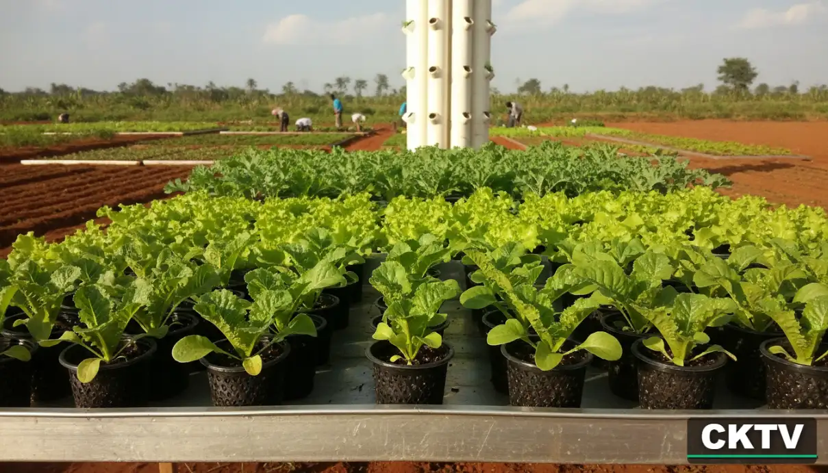 A farm features rows of potted seedlings in the foreground, with workers tending to fields and a vertical hydroponic tower in the background.