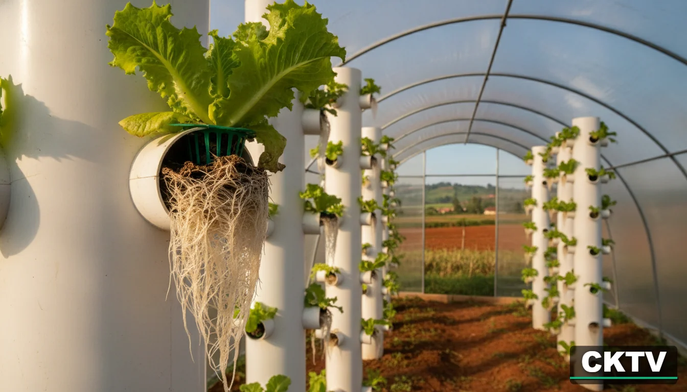 Close-up of lettuce growing in a vertical hydroponic system inside a greenhouse, highlighting the intricate white root structure hanging from a white PVC pipe tower.