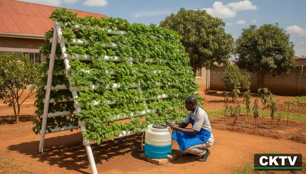 A sophisticated A-frame vertical hydroponic system with lush green spinach and kale growing out of white PVC pipes