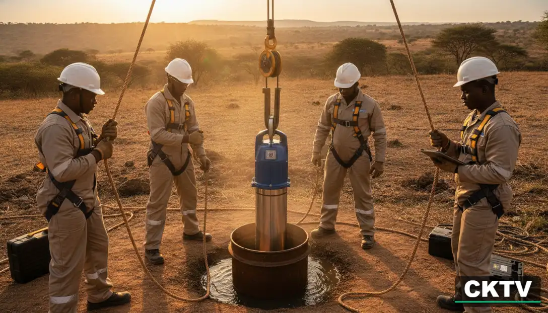 Four utility workers in hard hats and safety harnesses use a pulley system to lower a large water pump into a borehole in a rural field at sunset.