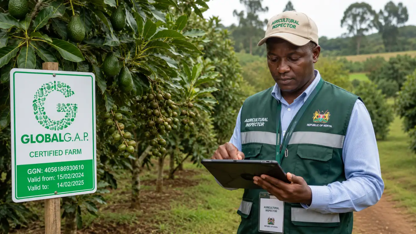Avocado, Macadamia or Dairy? Best Export-Ready Agribusiness Ventures in Kenya for 2026 5 A Kenyan agricultural inspector using a digital tablet to record farm data while standing next to a GLOBALG.A.P. certified sign in a mixed avocado and macadamia farm.