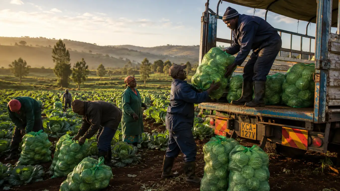 Cabbage Farming in Kenya 2026: Profit & Fertilizer Guide 7 A group of farm workers efficiently loading bags of harvested cabbages onto a waiting truck in the early morning light