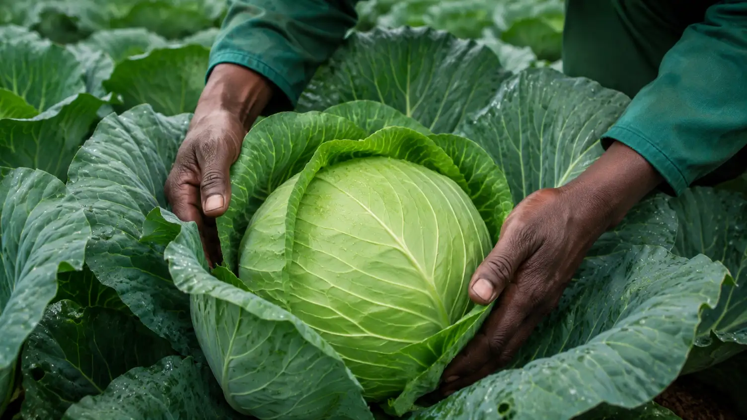 Cabbage Farming in Kenya 2026: Profit & Fertilizer Guide 3 A close up photo of a perfectly formed Gloria F1 cabbage head being inspected by a farmer in a field