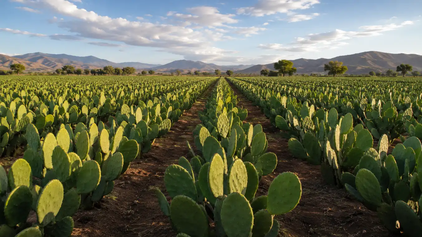 Cactus for Livestock Feed in Kenya: Complete Farmer's Guide (2026) 5 Rows of prickly pear cacti stretch across an agricultural field toward distant mountains under a soft, cloudy sky at golden hour.