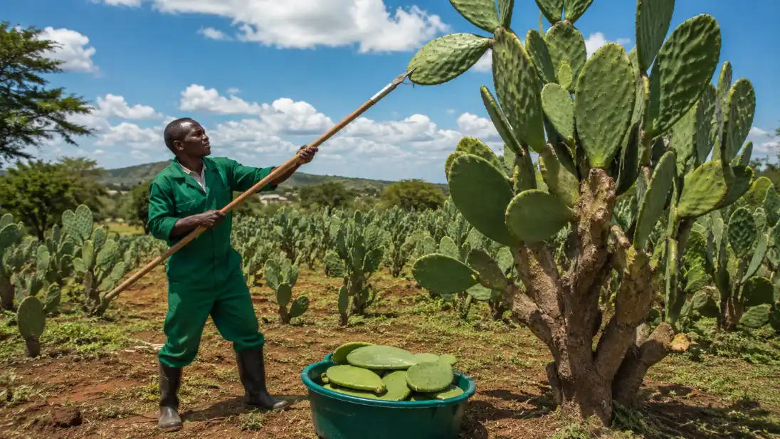 Cactus for Livestock Feed in Kenya: Complete Farmer's Guide (2026) 3 A man in a green jumpsuit uses a long pole to harvest pads from a tall prickly pear cactus in a sunny field.