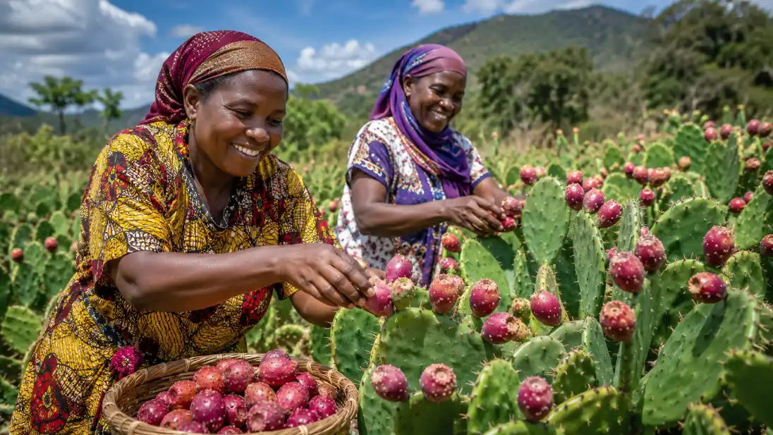 Cactus for Livestock Feed in Kenya: Complete Farmer's Guide (2026) 7 Two women in colorful traditional attire smile as they harvest ripe red prickly pear fruit from a cactus field against a mountainous backdrop.