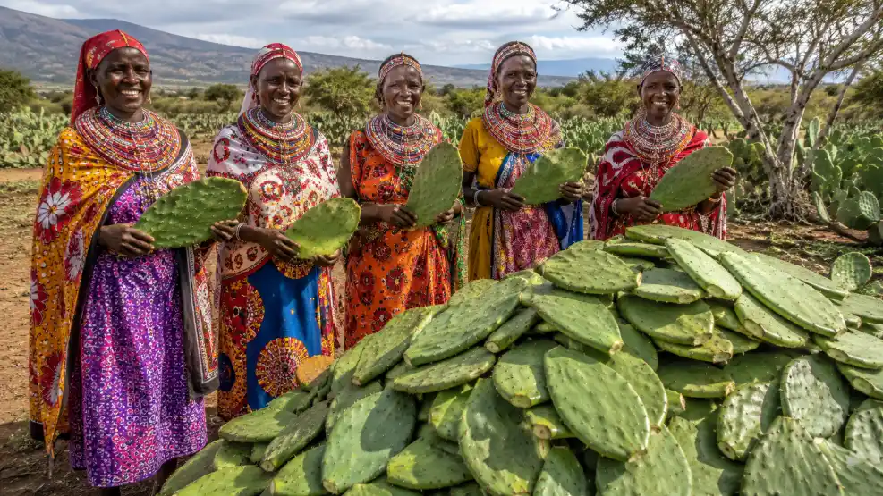 Cactus for Livestock Feed in Kenya: Complete Farmer's Guide (2026) 2 Five women in vibrant traditional African clothing and beaded necklaces stand behind a large pile of harvested prickly pear cactus pads in a semi-arid landscape kenya