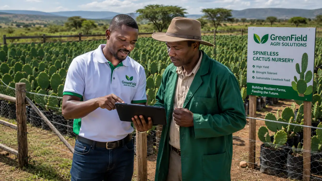 Cactus for Livestock Feed in Kenya: Complete Farmer's Guide (2026) 4 An agricultural professional in a GreenField Agri Solutions polo shirt shows information on a tablet to a farmer in a spineless cactus nursery.