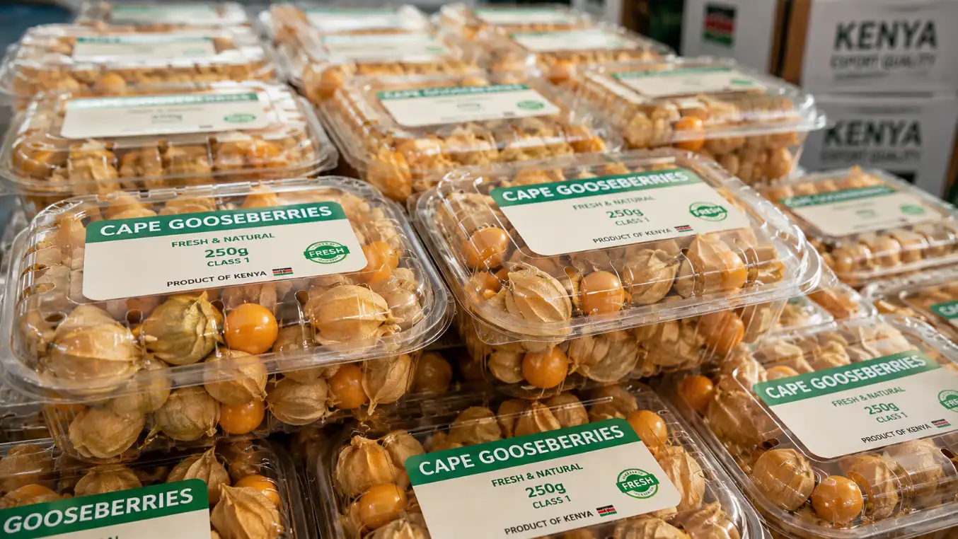 Cape Gooseberry Farming in Kenya (2026): Costs, Yields, Market Prices & Where to Sell for Maximum Profit 5 A high-resolution cinematic shot of 250g punnets of Cape gooseberries neatly stacked for the export market