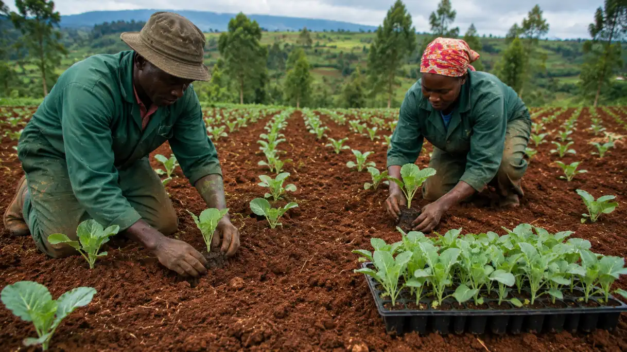 Cabbage Farming in Kenya 2026: Profit & Fertilizer Guide 4 A Kenyan farmer and a worker carefully transplanting cabbage seedlings from trays into a well prepared field with red volcanic soil
