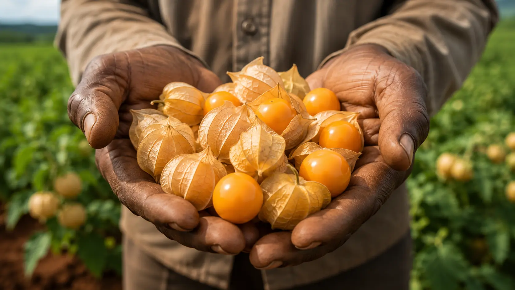 Cape Gooseberry Farming in Kenya (2026): Costs, Yields, Market Prices & Where to Sell for Maximum Profit 3 A close-up cinematic shot of a farmer's hands holding a handful of perfectly ripe