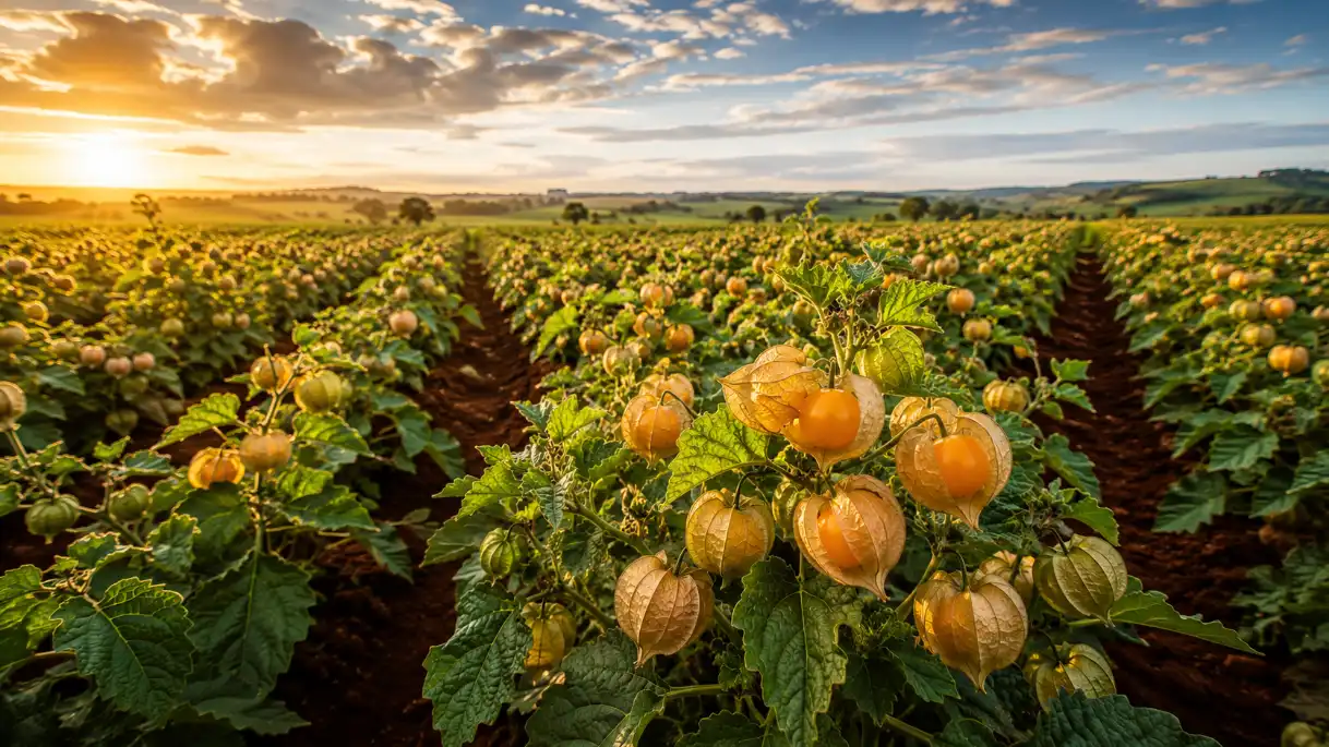 Cape Gooseberry Farming in Kenya (2026): Costs, Yields, Market Prices & Where to Sell for Maximum Profit 2 A cinematic wide-angle shot of a lush Cape gooseberry plantation with golden fruits peeking out from light brown husks
