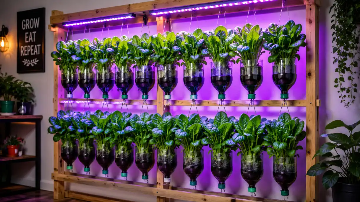 An indoor vertical garden features two rows of leafy green plants growing in recycled plastic bottles suspended from a wooden frame under purple LED grow lights.