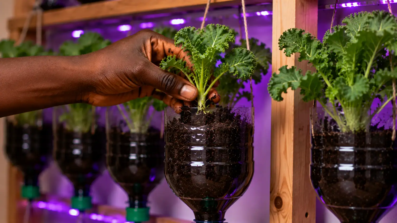 A person's hand tends to a small kale plant growing in a recycled plastic bottle planter in an indoor vertical garden illuminated by purple grow lights.
