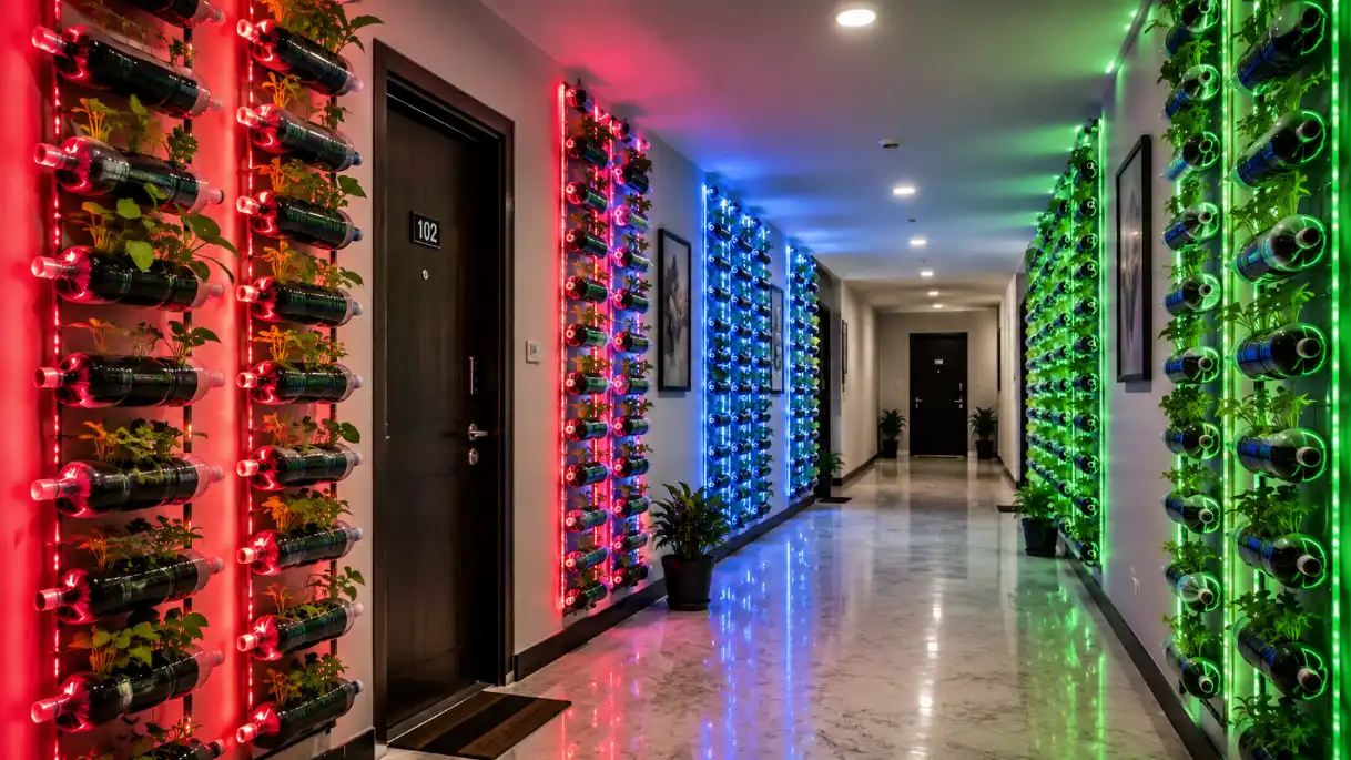 A long, polished hallway features vertical gardens made from recycled plastic bottles illuminated by vibrant red, blue, and green LED lights.