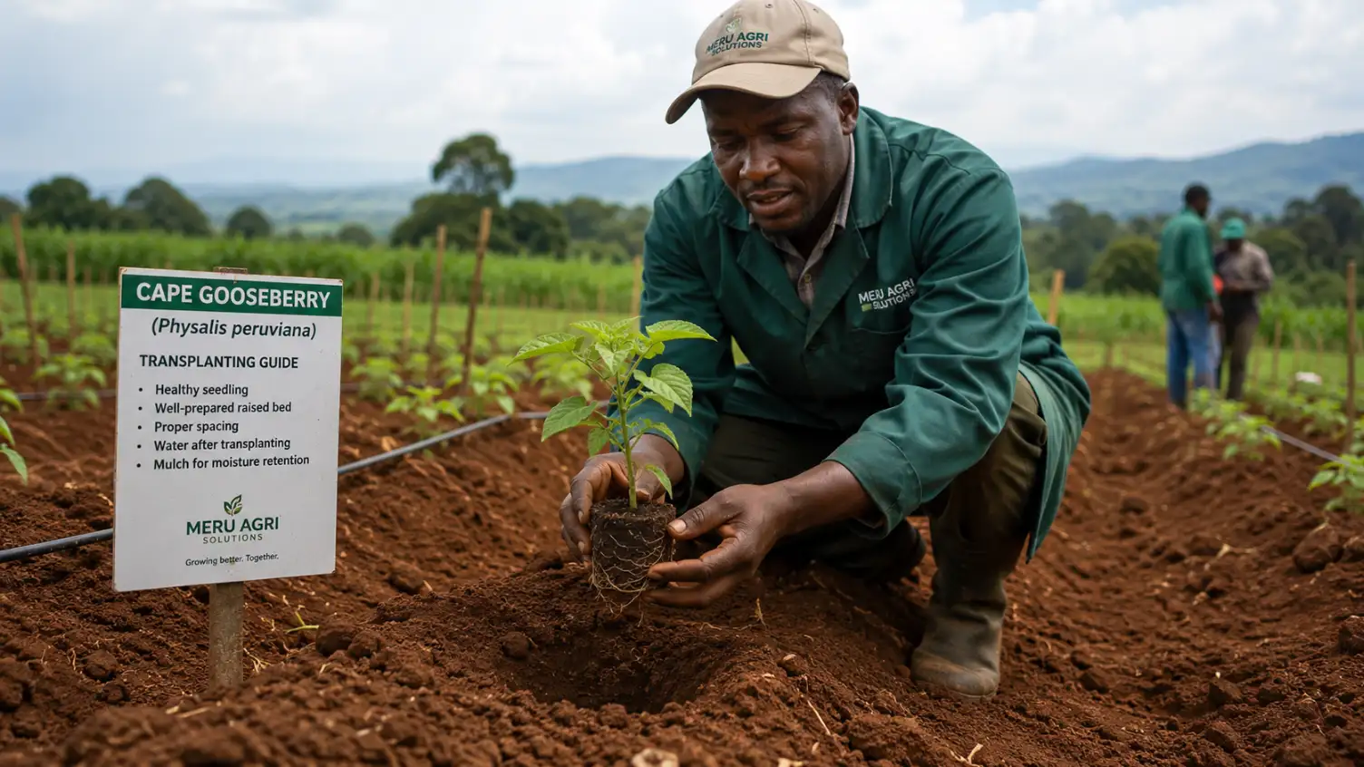 Cape Gooseberry Farming in Kenya (2026): Costs, Yields, Market Prices & Where to Sell for Maximum Profit 4 A professional Kenyan agronomist demonstrating how to transplant a healthy Cape gooseberry seedling into a well-prepared raised bed in a farm in Meru